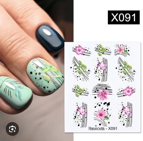 NAIL ART WATER DECALS  ART DECO PINK  FLOWERS  HARUNOUTA - X091