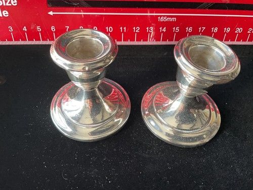 Vintage Pair of Sterling Silver Squat Candlesticks Wax Candles Hallmarks Birming