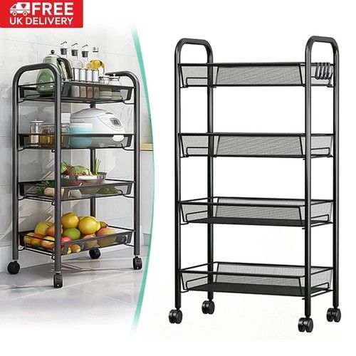 4 Tier Storage Trolley Cart on Wheels Kitchen Bathroom Laundry Narrow Space Rack