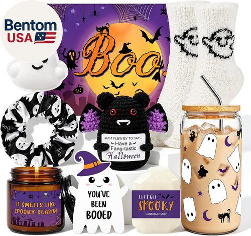 Halloween Boo Basket Gift Set for Women Teen Girls Ghost Cup Socks Candle