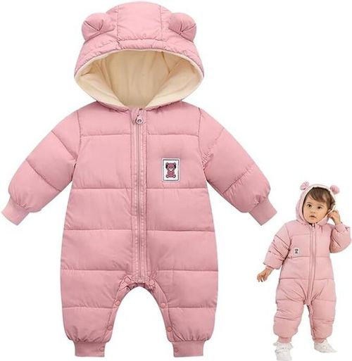 Baby Snowsuit Romper Cute Bear Winter Hooded Jumpsuit with Zip Boys Girls Infant