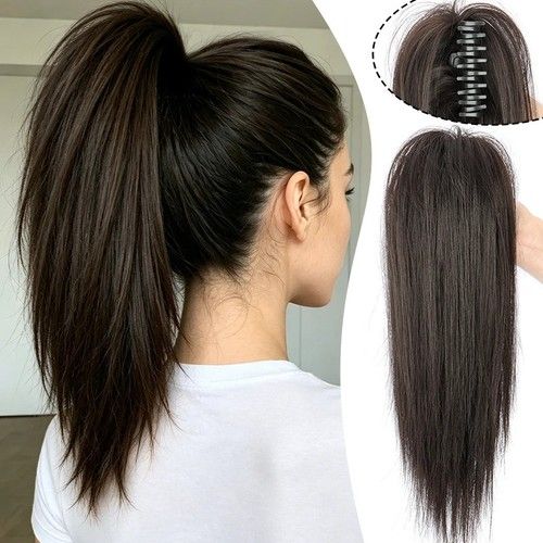 14Inch Claw Clip Ponytail Extension Straight Synthetic Hair Black Brown NEW FUL!