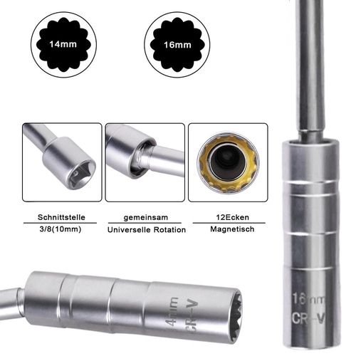 2x 14+16mm 12 Point Magnetic Thin Wall Spark Plug Socket Wrench Removal Tool Set — image 3