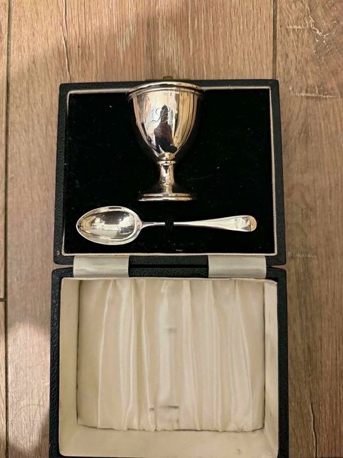 Christening Silverware Egg Cup & Spoon Set in Presentation Box 50grms . — image 1