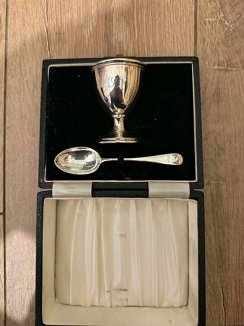 Christening Silverware Egg Cup & Spoon Set in Presentation Box 50grms .