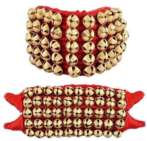 Brass Ghungroo Anklets Bells Kathak Dance (5 Line Double string Pad, Red, Pair)