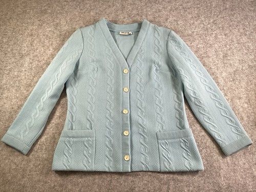 Vintage Butte Knit Cardigan UK 14 Blue Cable Knit 60s 70s Retro Pockets
