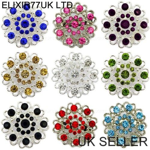 SILVER HEART FLOWER DIAMANTE PIN BROOCH RED BLUE PINK CRYSTAL BROACH WEDDING LOT