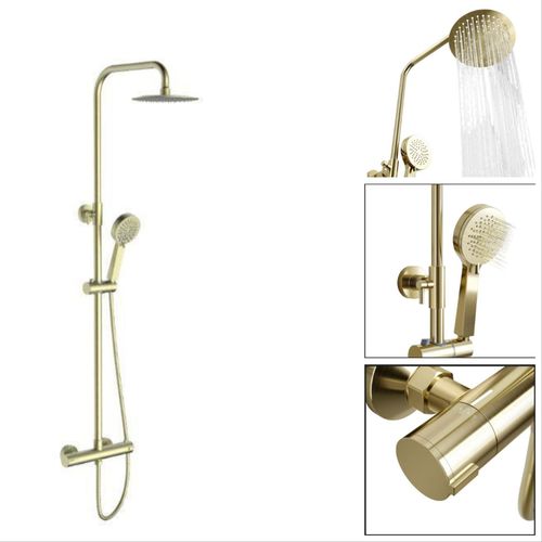 Brushed Brass Round Thermostatic Shower Rigid Riser Mixer Valve — image 1