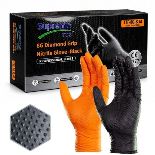 Extra Strong Thick Diamond Grip Nitrile Gloves Orange Black Mechanic Tattoo 8mil