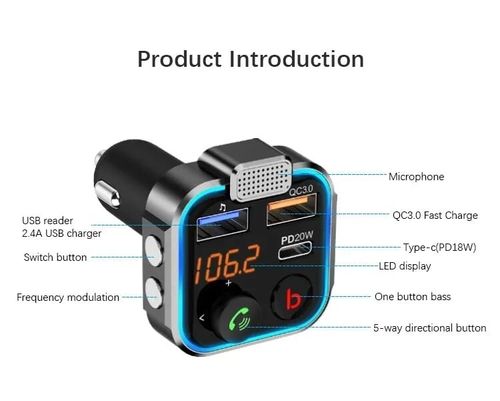 WQPRA Car FM Transmitter, Wireless Bluetooth 5.0 Radio Adapter Car Kit — image 3