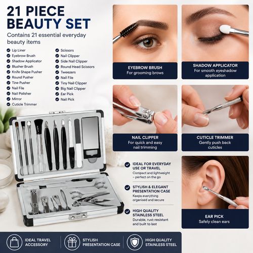 21 Piece Manicure Pedicure Set Nail Care Grooming Kit Clippers Travel Case — image 3