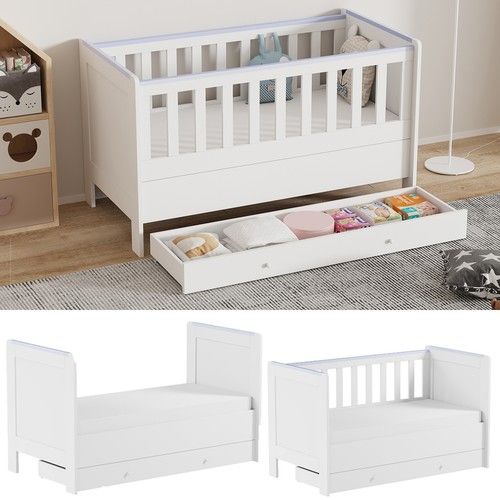 New Cot Bed White Baby Nursery Crib Convertible Toddler Bed w/Mattress&Drawer