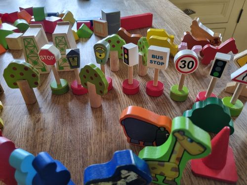Big jigs Wooden Toy Bundle 160 + Pieces. Farm Zoo  People Trees Shops Signs Etc — image 6