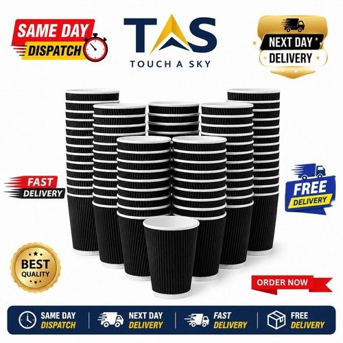 100 Pack Ripple Paper Coffee Cups & Lids | Disposable Hot Drink Cups | Black |