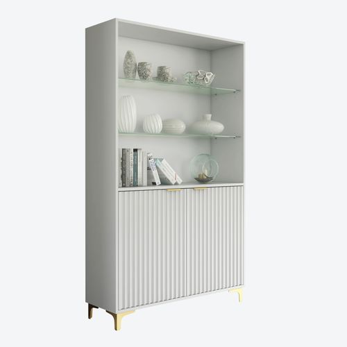 Display Cabinet Tall Unit 175cm Fluted Doors Bookcase White Gold Storage 175cm — image 6