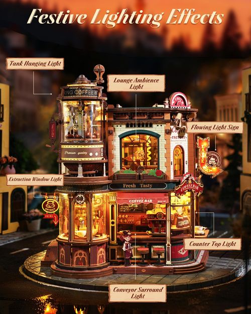 ROKR Dream Coffee Factory 3D Puzzle Building Toys Music Box Wooden Kids Gift — image 6