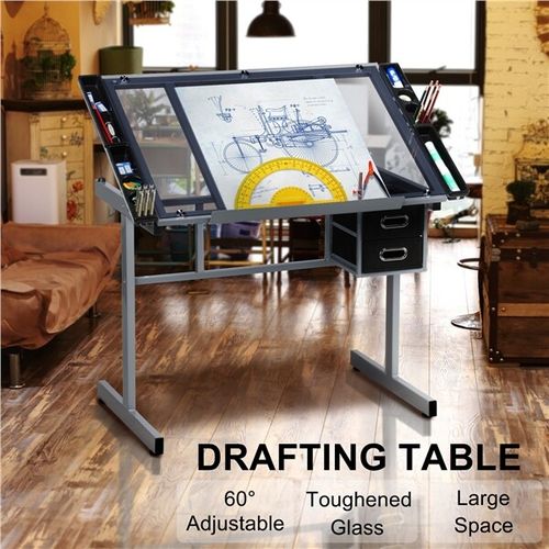 Rolling Drafting Table Angle Adjustable Drawing Artwork Desk with Glass Tabletop — image 1