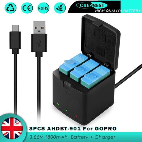 3x 1800mAh AHDBT-901 Battery For GoPro Hero9 Hero10 11 Black ADBAT-001 +Charger