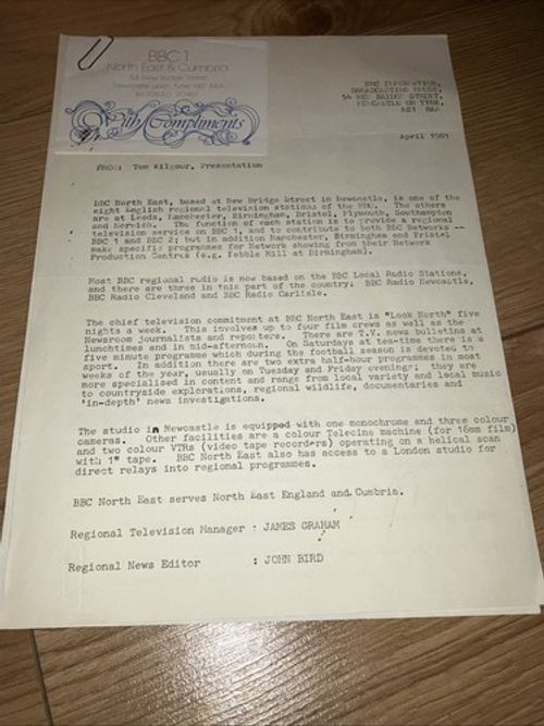 BBC 1 Television North East Cumbria 1981 letter Newcastle.Regional station.Radio