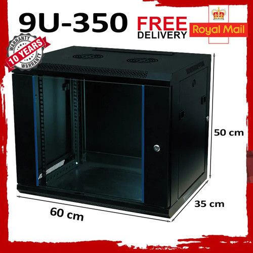 9U 350mm 19" Black Network Data Cabinet Wall Mountable Rack - Flat Packed UK