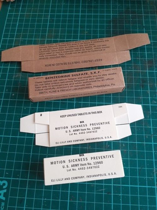 Reproduction WW2 US Army Motion Sickness And Benzodrine Tablets Boxes.