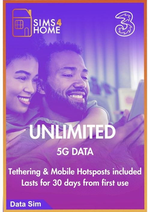Three UNLIMITED UK Data SIM - Valid for 30 Days  - 5G/4G - Preloaded — image 1