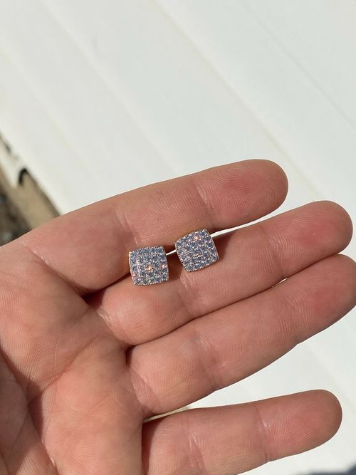 Real Solid 925 Silver Iced Simulated Diamond Earrings Screw Back Square Men's — image 7