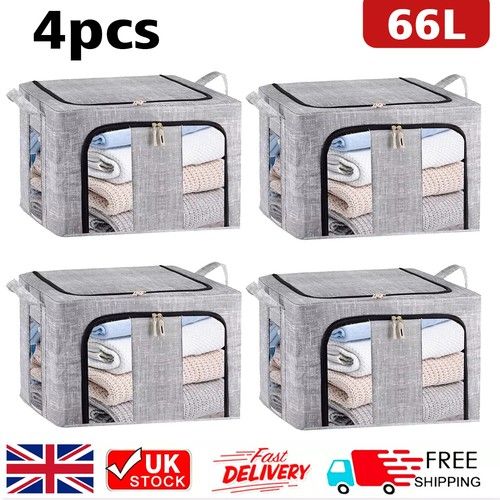 4Pcs 66L Folding Storage Box Made of Thick Fabric Steel Frame Wardrobe Organizer