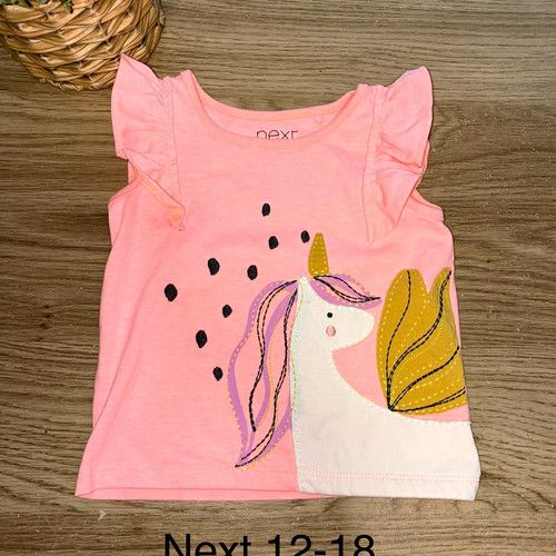 Next Girls Pink Unicorn Graphic Ruffle Sleeve Cotton T-Shirt Round Neck 12-18m