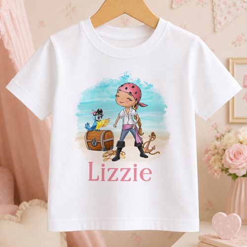 Personalised T-Shirt Pirate Treasure Chest Kids Girls Name Tee Top Party Outfit — image 1