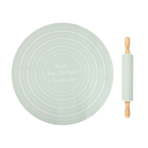 2Pcs/set Rolling Pin Pastry Mat Set Rolling Pin Kit Silicone Dough Mat w/ Scale