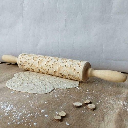 Christmas Wooden Embossing Rolling Pin Engraved Baking Cookies Cake Roller Tool