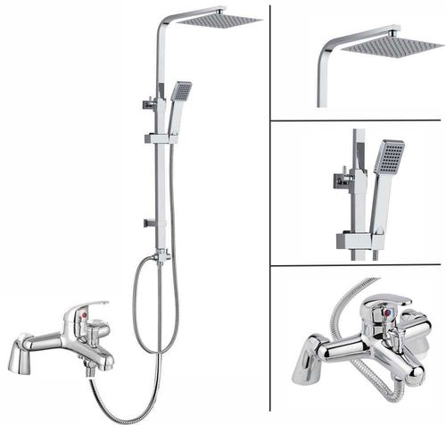 Shower Kit Twin Head Chrome Square Fixed Head Riser Rail With Bath Mixer Tap Set — image 1