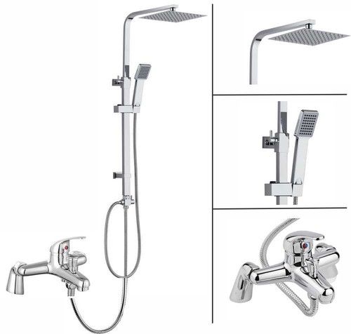 Shower Kit Twin Head Chrome Square Fixed Head Riser Rail With Bath Mixer Tap Set
