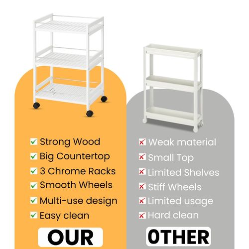 3-Tier Wooden Trolley on Wheels Kitchen Storage Serving Rolling Cart Steel Bars — image 11