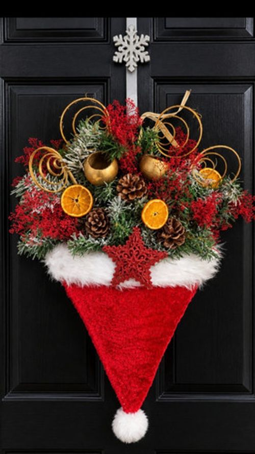 Handmade Santa Hat Christmas Wreath – Red, White, Gold & Green Festive Design