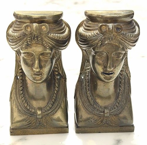 Pair Vintage Caryatid Bust Mounts Bronze Egyptian Revival Furniture Hardware
