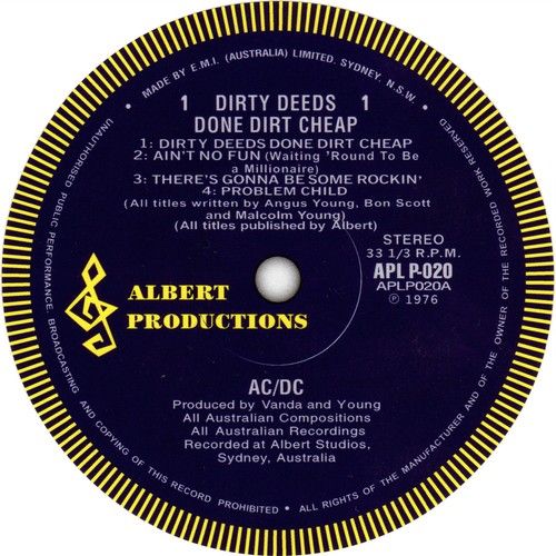 AC/DC Dirty Deeds Done Dirt Cheap record label vinyl sticker. Albert Records