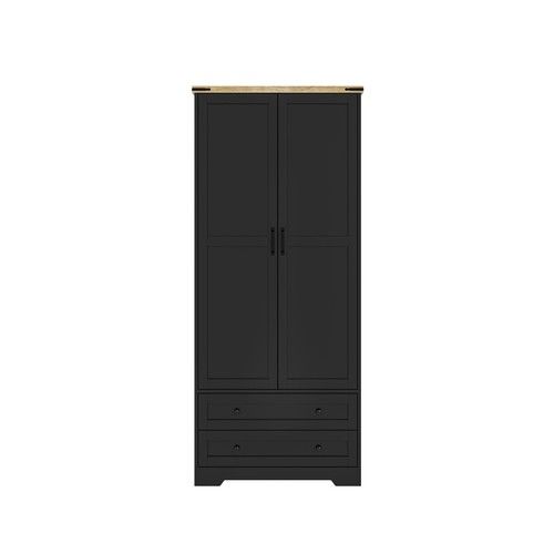 2 Door 2 Drawer Panelled Wardrobe w/ Oak Top Hanging Rail Freestanding Storage