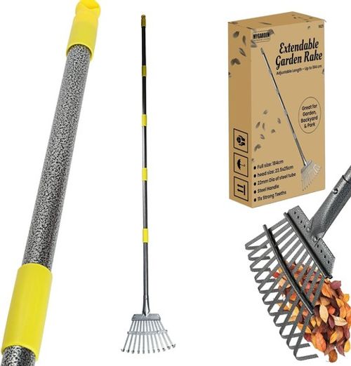 184cm Long ADJUSTABLE TELESCOPIC METAL GARDEN RAKE LEAF METAL HANDLE LAWN GRASS