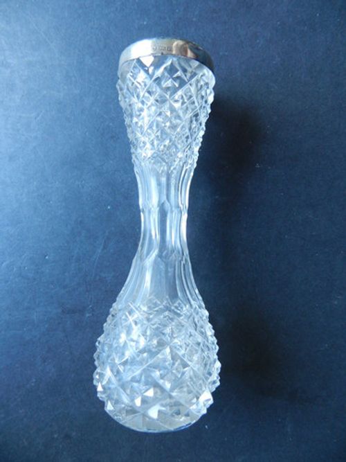 ANTIQUE CUT GLASS BUD VASE SILVER COLLAR HALL MARK BIRMINGHAM 1902 - 13.5CM