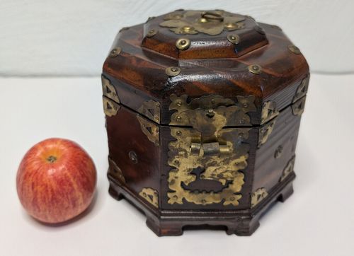 Antique Chinese Octagonal Box Hardwood and Brass Paper Lined 1900 6.5in — image 1
