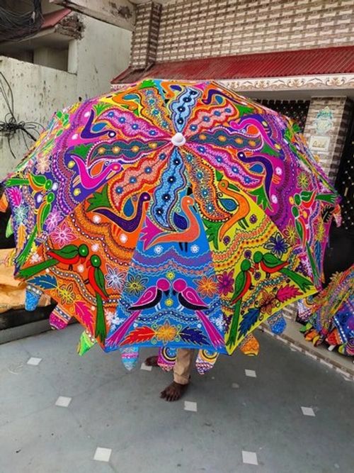 Cotton Garden Embroidered Umbrella 72" Indian Handmade Outdoor Sun Shade Patio