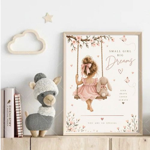Small Girl Big Dreams Nursery Wall Art Print A4 , Pink & White Butterflies Girls