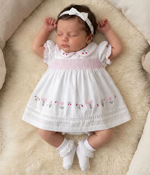 Baby Girl Dress Set Outfit Smocked Embroidered Headband White — image 2