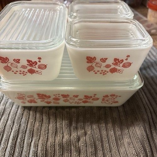 Vintage Pink Gooseberry Pyrex Refrigerator Dish Set 8 Pc 503 502 501 Lids 