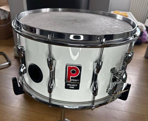 vintage Premier Project One snare drum 14 x 8” (White lacquer finish)