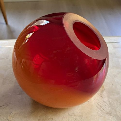 Unmarked Red & Orange Art Glass Round Vase, Abstract Pattern, Glossy Finish