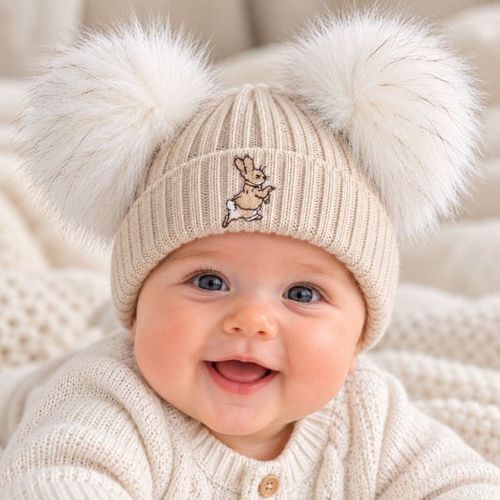 Peter Rabbit Beige White Pom Pom Baby Boy Girl Unisex Hat Newborn 0-3 Months — image 1